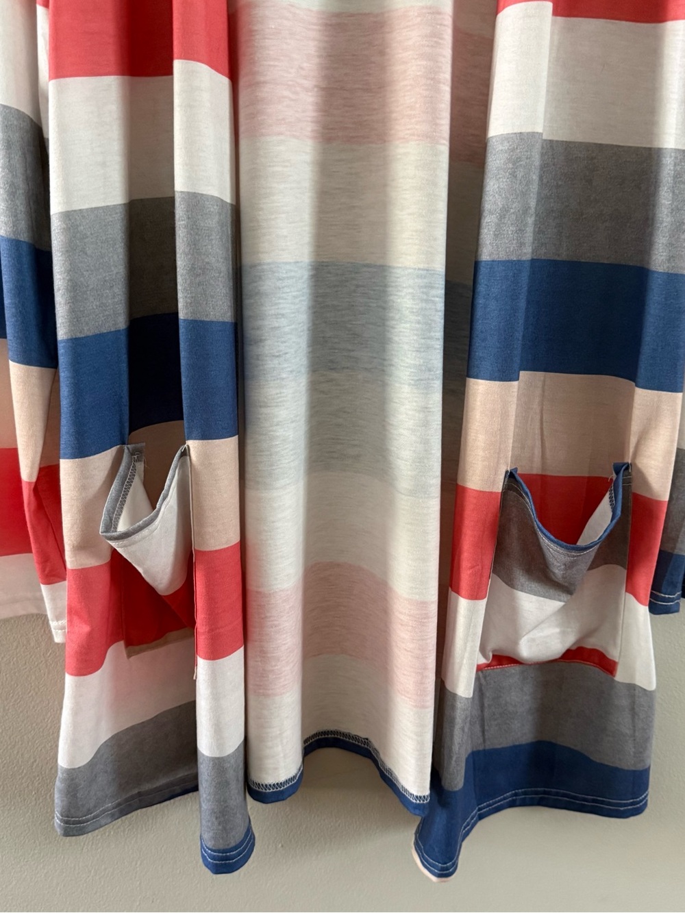 Striped Open-Front Cardigan Sweater - Blue, Coral & Cream - Picture 3 of 9